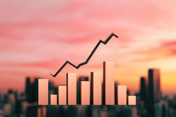 Twilight Cityscape with Forex Trading Graph, a vibrant urban skyline illuminated at dusk, showcasing the pulse of economic activity through dynamic graphs.