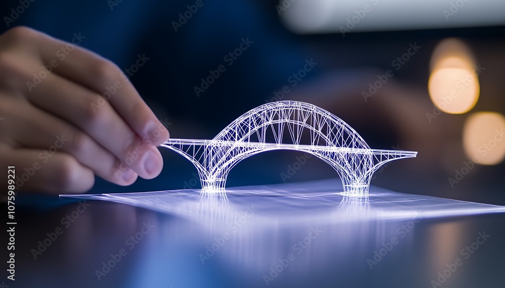 Poster A hand adjusts a delicate, illuminated bridge model created from glowing wires, showcasing intricate design and innovative technology in a dim setting.