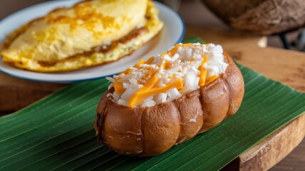 Bun with coconut and sauce, served on plantain leaf with side dishes