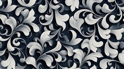 Elegant Floral Pattern Design in Shades of Gray and White with Curving Leaves and Swirling Flourishes on a Dark Background for Sophisticated Decor