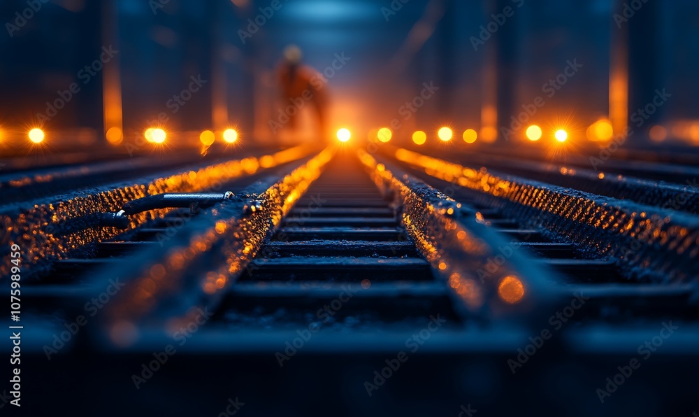 Poster a dimly lit scene featuring a person in the distance, surrounded by glowing lights and glistening su