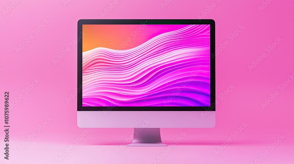 Poster modern computer monitor displaying vibrant abstract waves in shades of pink and purple on a colorful