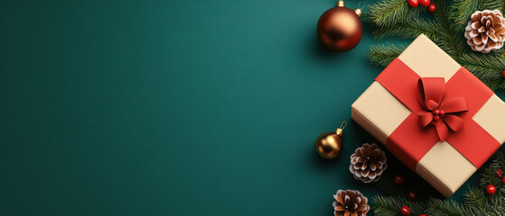 Festive Christmas Scene with Gift Box and Decorated Tree, vibrant colors, warm ambiance, holiday spirit, celebration of joy and togetherness