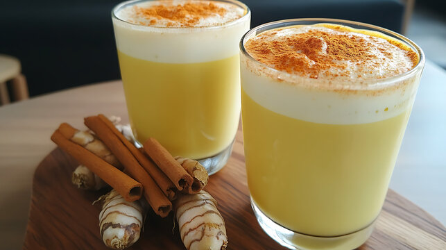 Two glasses of golden turmeric latte with frothy tops, garnished with a sprinkle of cinnamon, served on a wooden board with turmeric root and cinnamon sticks 
