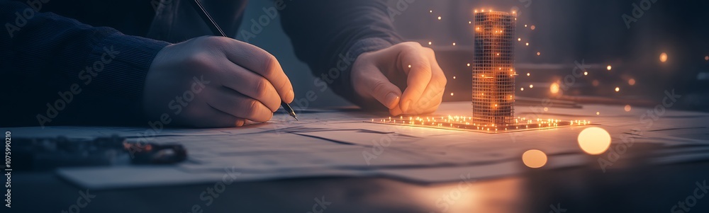 Fototapete a person engages in creative planning at a desk, illuminated by warm lights, with sheets of paper an