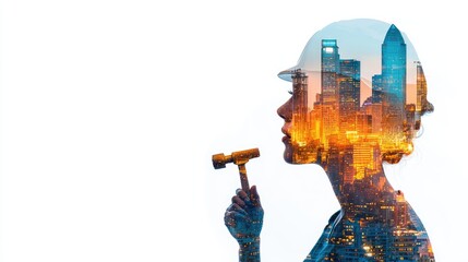 Female Engineer with Hammer and City Skyline Reflection, Representing Construction, Innovation, and Urban Development in Modern Engineering Context