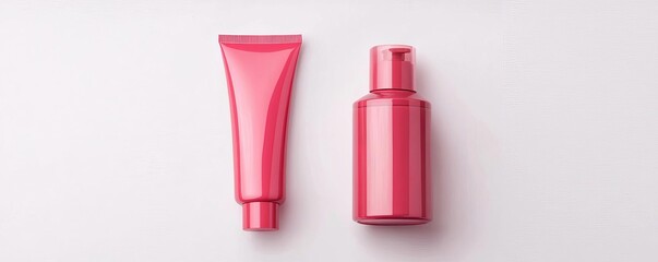 Obraz premium Bright pink cosmetic tubes are elegantly displayed on a white background, showcasing modern skincare and beauty products for a vibrant lifestyle.