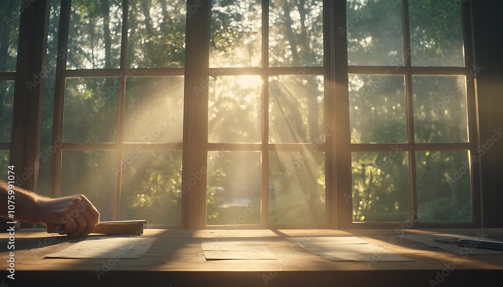 Leinwandbilder Sunlight streams through a window, illuminating a serene workspace with a hand resting on a wooden surface, surrounded by nature.