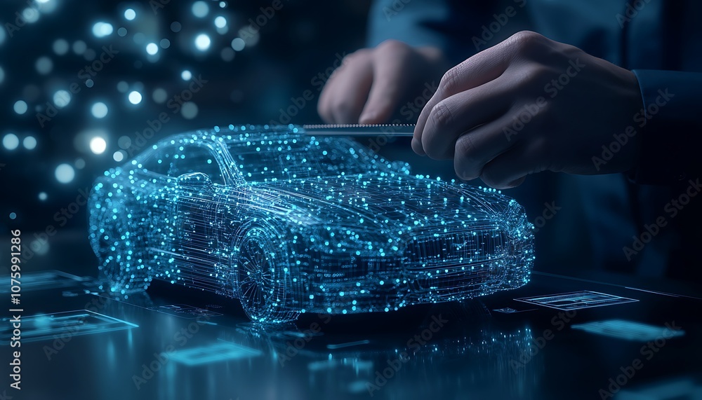 Poster a digital representation of a car constructed from glowing blue particles, with hands manipulating t