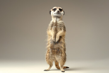 Fototapeta premium A curious meerkat stands upright, showcasing its inquisitive nature and distinctive features, with a soft, neutral background enhancing its fur details.