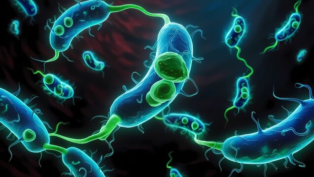 blue and green glowing bacteria on black background. 3D illustration of the concept of diseases and infections