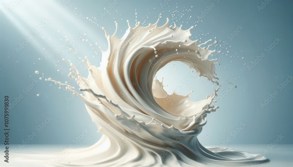 Poster a dynamic, swirling splash of milk with light rays, creating an abstract and elegant visual.