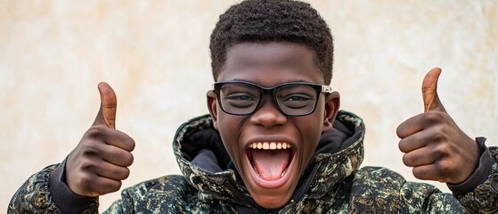 Joyful young boy showing thumbs up in stylish jacket, expressing happiness and excitement, capturing the essence of positivity and youthful exuberance in an outdoor setting.