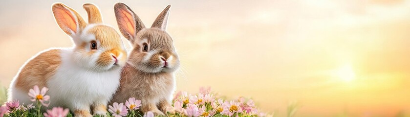 Obraz premium Two adorable rabbits sit close together on a bed of colorful flowers, illuminated by the warm light of a sunset, creating a serene and idyllic scene.