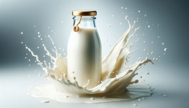 Glass milk bottle with gold cap and string amidst a splash of milk on a gray background.