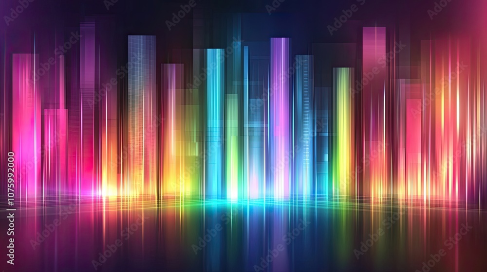 Poster vibrant abstract cityscape with colorful light bars and reflections on a smooth surface, ideal for b