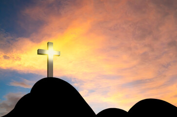 Cross christian god religion on sunset background, jesus church worship pray catholic grace christ,...