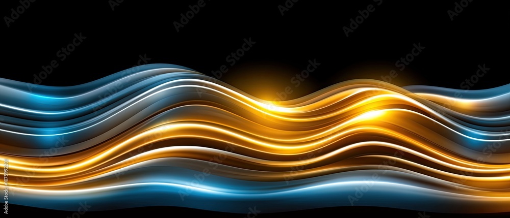 Poster abstract wavy lines of blue and orange light against a black background creating a dynamic visual fl