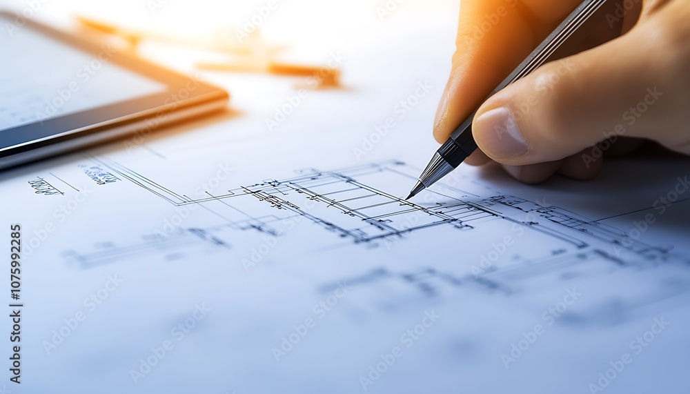 Poster a hand sketches architectural plans on paper, with digital tools nearby, combining traditional and m