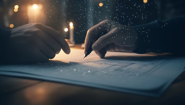 Two hands writing on paper, illuminated by candlelight, creating a cozy and intimate atmosphere, with a soft glow and floating particles.