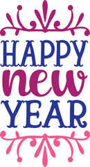 A graphic design featuring the phrase Happy New Year in stylized lettering. The words are in shades of pink and blue, with a decorative border of floral designs in pink.