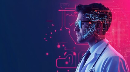 Doctor with a Circuit Board Pattern Overlapping His Face