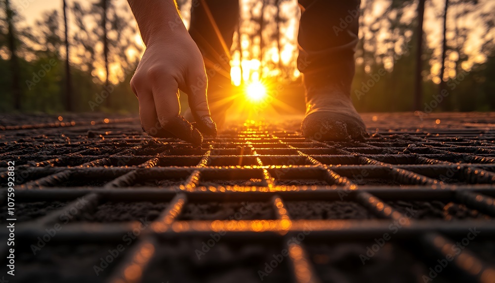 Poster a person crouches to touch a grid-like surface as the sun sets behind them, casting warm light acros