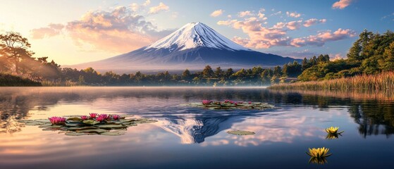 Fototapeta premium Serene reflection of mount fuji in tranquil waters an awe-inspiring landscape at sunrise