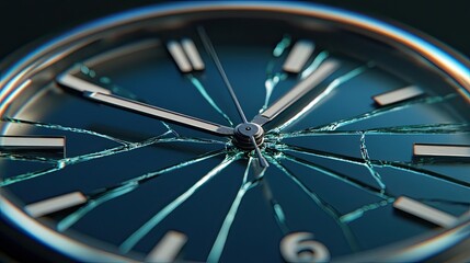 Close-Up of a Broken Watch Face Highlighting Cracked Glass and Timepiece Details in a Dramatic Light Setting for Artistic and Conceptual Use