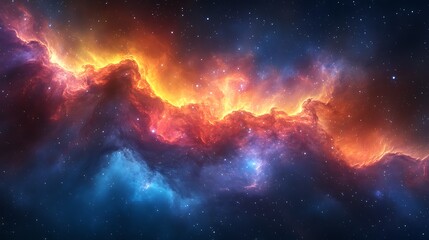 Obraz premium A vibrant nebula with swirling clouds of gas and dust in shades of orange, red, and blue against a dark starry background.
