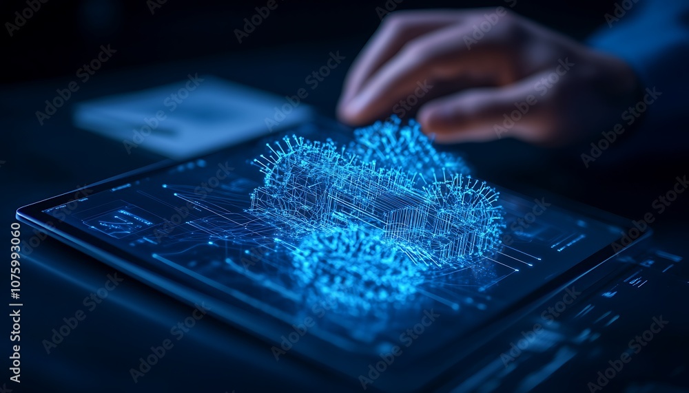 Poster A hand interacts with a holographic digital interface, showcasing a network of interconnected nodes illuminated in blue.