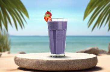 Tasty fresh sweet drink on beach background