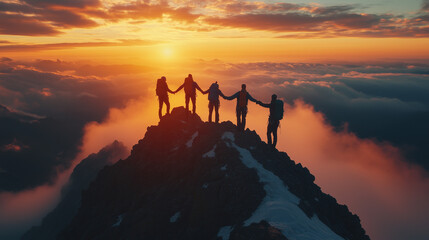 Silhouette of a team reaching the summit of a craggy peak, arms linked in unity, against a bright dawn sky. Soft glow around each figure, reflecting success and harmony.