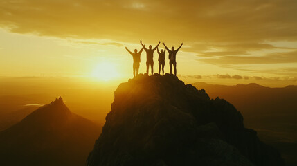 Team silhouette on a mountain peak, arms extended towards the sky in a display of triumph, symbolizing reaching business goals.