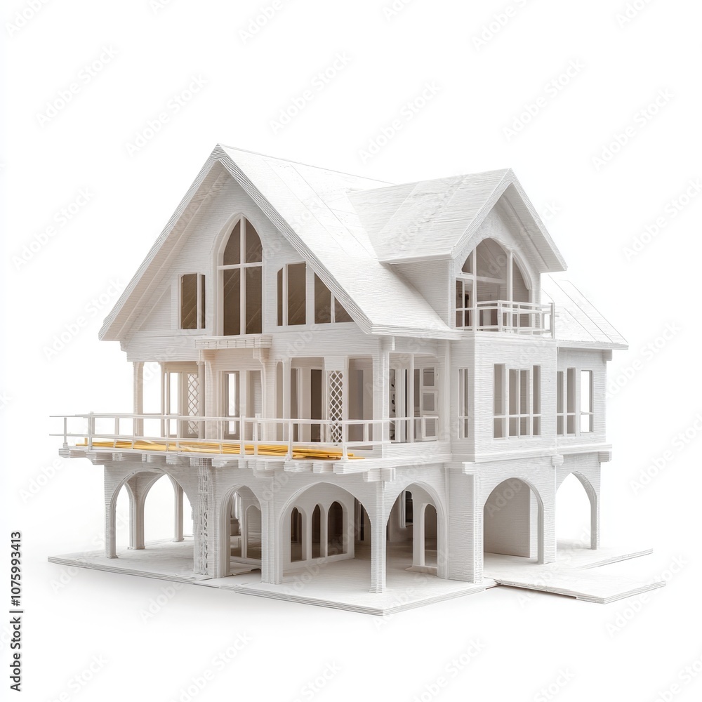 Poster elegant and modern architectural model of a spacious two-story house with open balcony and arched wi