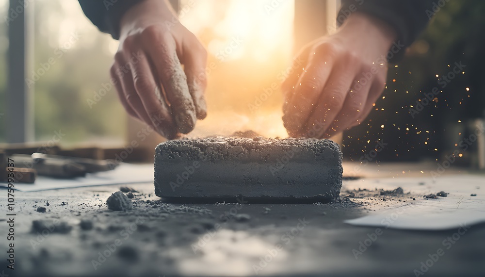 Poster A person shaping a block of material, surrounded by dust and particles, with sunlight streaming in from behind, creating a warm and inviting atmosphere.