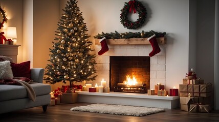 Fototapeta premium christmas scene by the fireplace with bokeh
