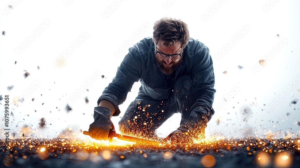 Poster captivating artisan man crafting with precision in a dynamic spark-filled environment, showcasing sk