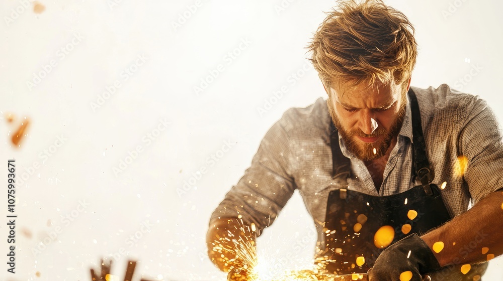 Poster skilled craftsman working with sparks in a workshop, demonstrating expert metalwork techniques amids