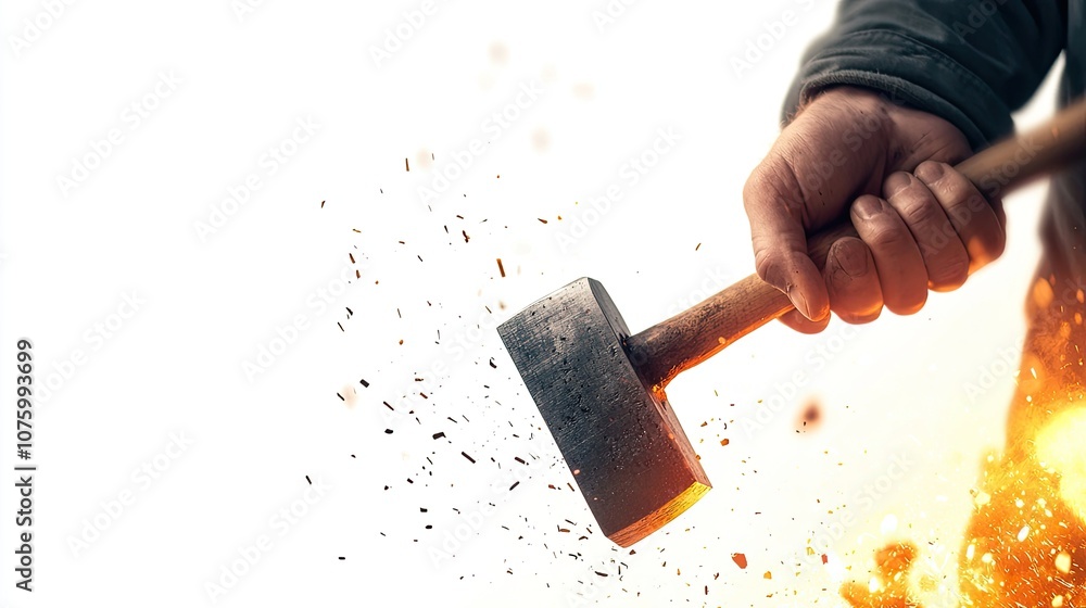 Aufkleber powerful hammer strike creating sparks and fire in a dynamic workshop environment with a focus on cr