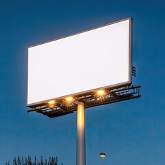 Obraz premium Empty Urban Billboard at Dusk Illuminated by Spotlights with Clear Sky in Background, Perfect for Advertising and Marketing Campaigns