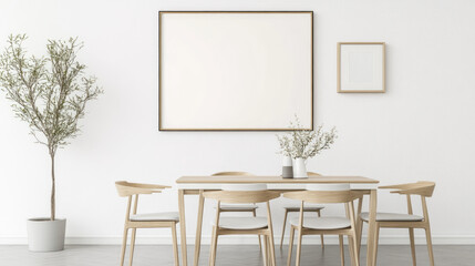 Farmhouse Dining Room Mockup, inviting space featuring rustic decor, wooden furniture, warm tones, and a stylish empty frame on the wall