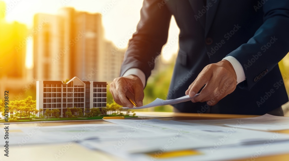 Poster professional architect reviewing blueprints and holding documents near miniature building model with