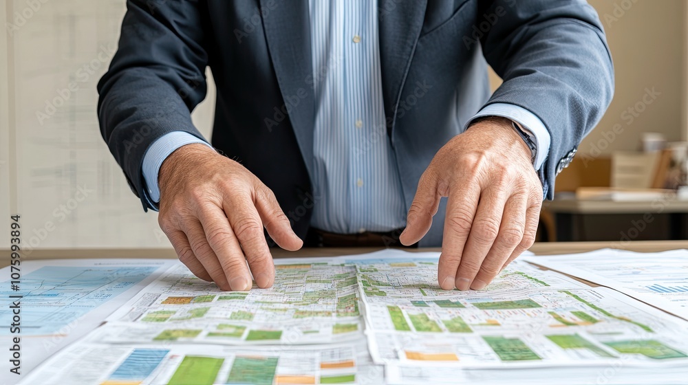Poster professional planning session with hands on detailed maps and blueprints in modern office setting fo