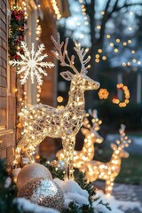 A yard is decorated with Christmas lights, reindeer, and snowflakes. The outdoor space radiates holiday cheer, Generative AI 