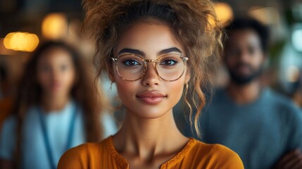 A young woman with glasses stands confidently in a group setting.