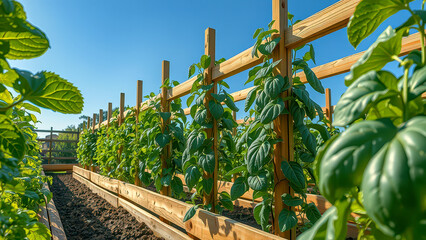 Wooden raised bed vegetable garden that is organic. for vertical planting, including beans. locally grown veggies in a big metropolis. Generative AI