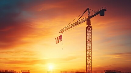 Majestic Sunset Over Construction Site with Crane Hoisting American Flag Symbolizing Growth, Freedom, and Aspirations for Progress and Prosperity in Urban Development