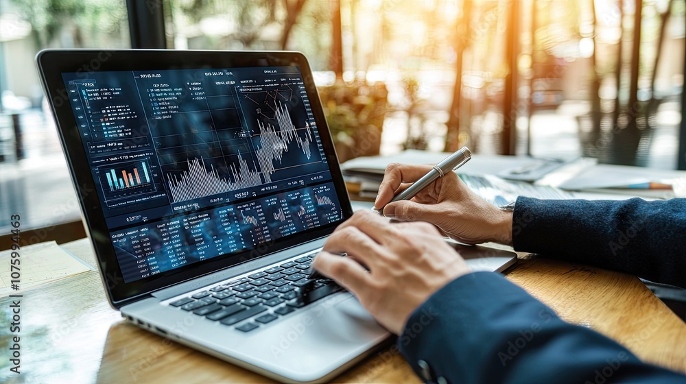 Aufkleber business professional analyzing financial data on a laptop while using a pen to take notes in a mode