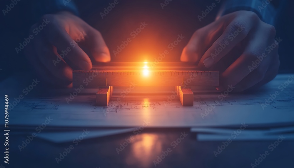 Poster a person's hands hold a wooden device emitting a warm orange light, surrounded by sketches on paper,